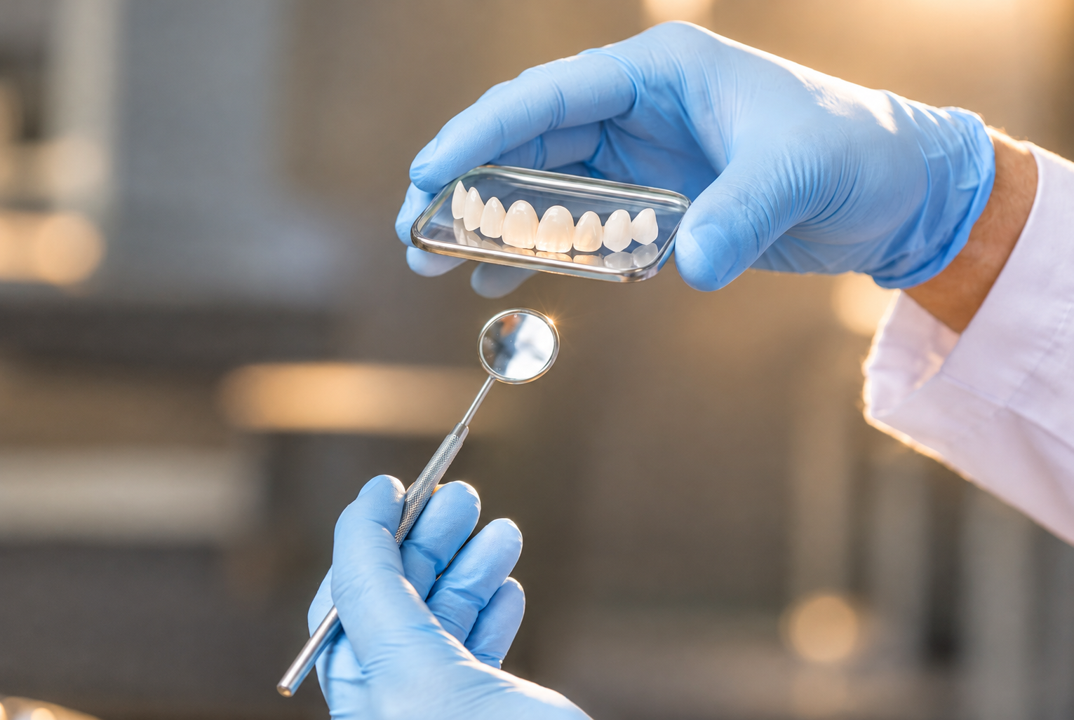 Dentist holding a tray of porcelain veneers beside a dental mirror