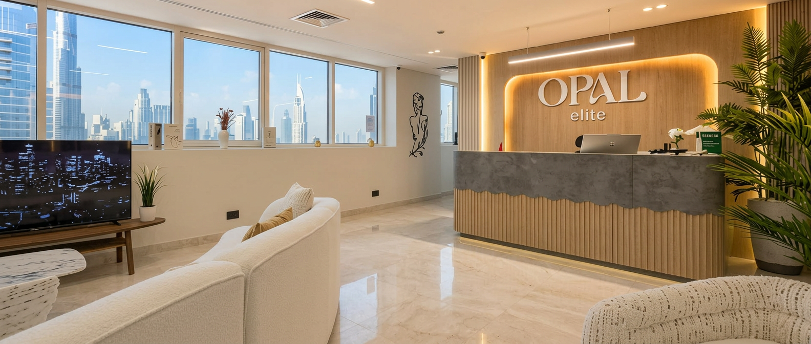 Opal Elite Dental reception overlooking the Dubai skyline